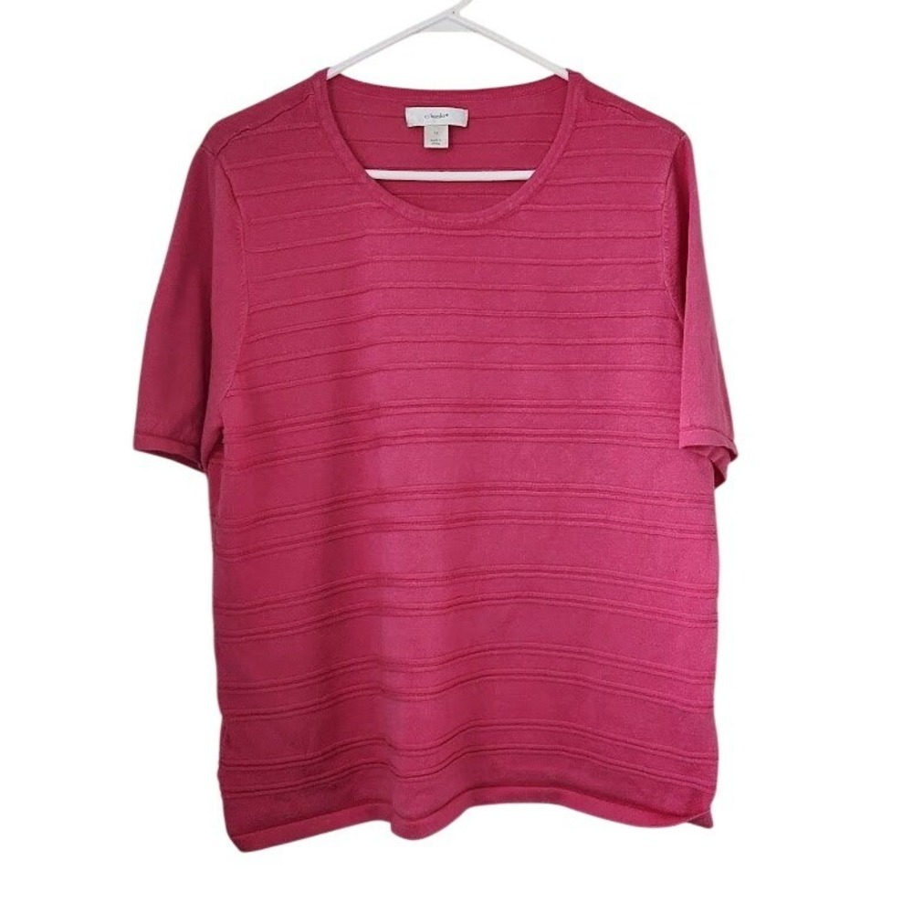 CJ Banks Womens Plus 1X Fuchsia Pink Textured Stripe Short Sleeve Knit 206